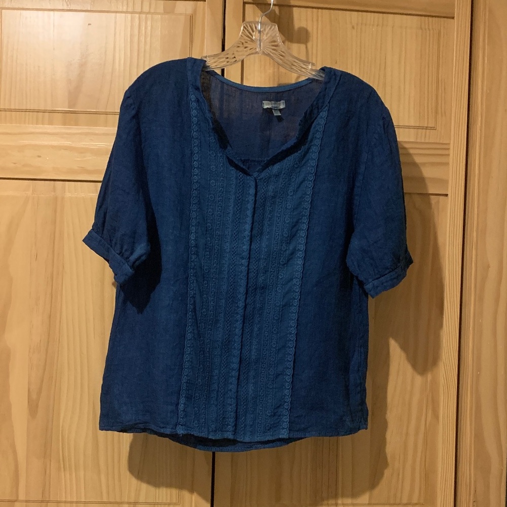 Lina Tomei Indigo Blue Italian Linen Embroidered Blouse
